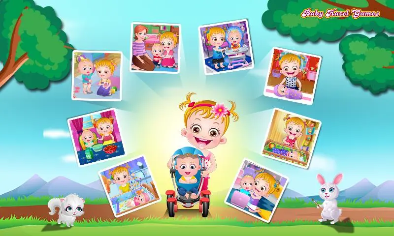 Baby Hazel pushing a stroller, surrounded by snapshots from different Baby Hazel games.