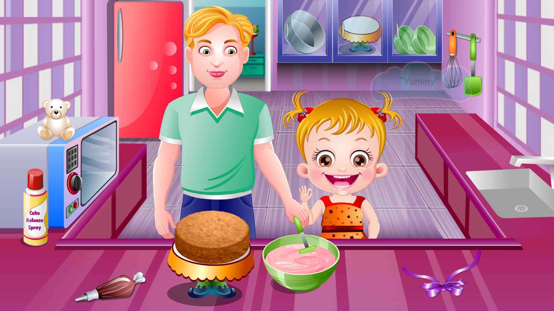 Baby Hazel and her dad baking a cake together in the kitchen.