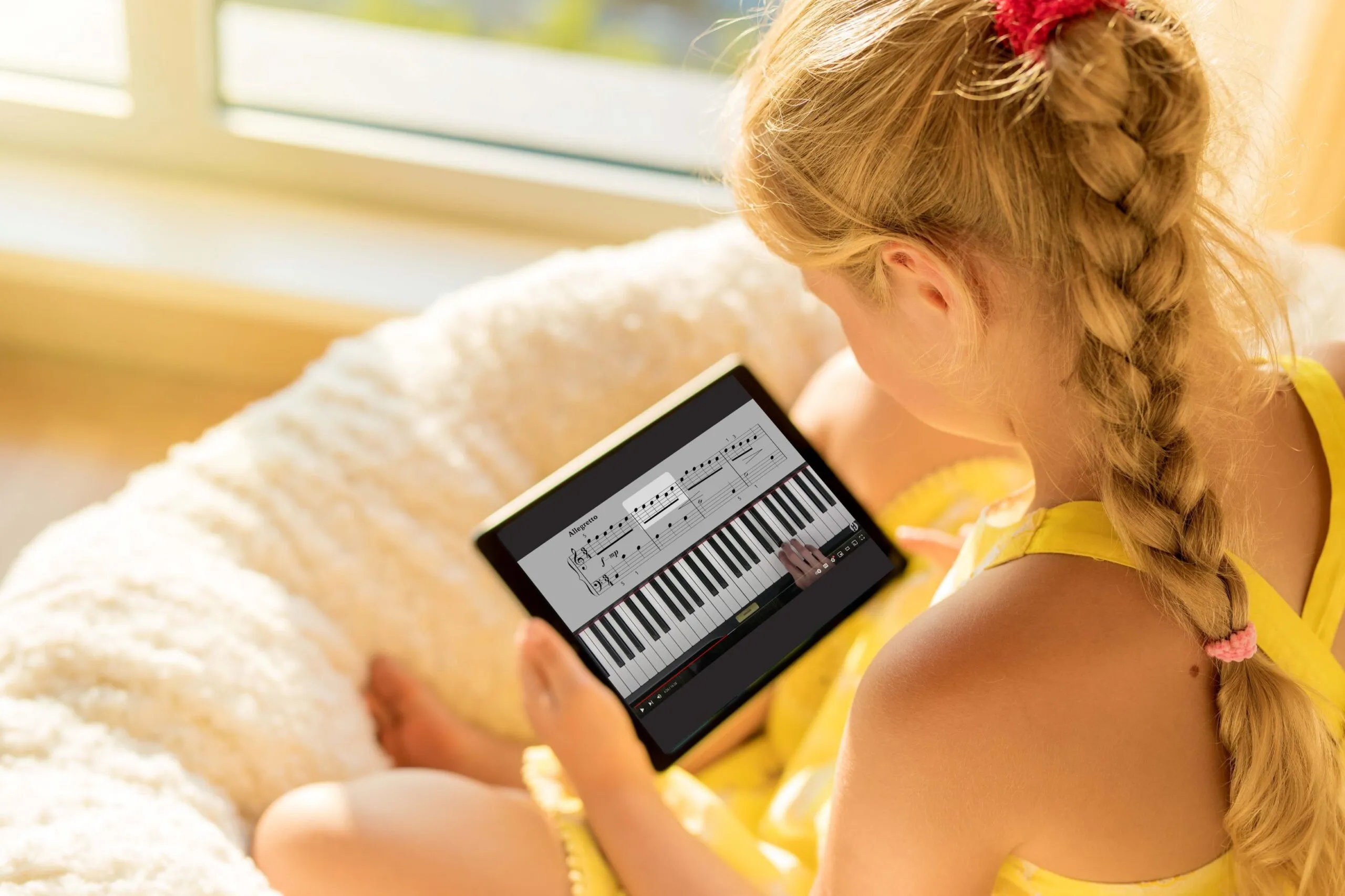 Girl sitting on a fluffy white chair, using a tablet to play a music or piano game