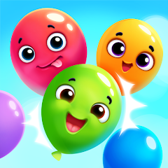 A children's game showing three smiling, cartoon balloons (red, green, and orange) floating against a blue sky