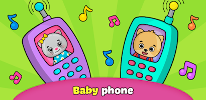 Two cartoon phones, one purple with a gray cat and one teal with a brown bear, against a green background with music symbols